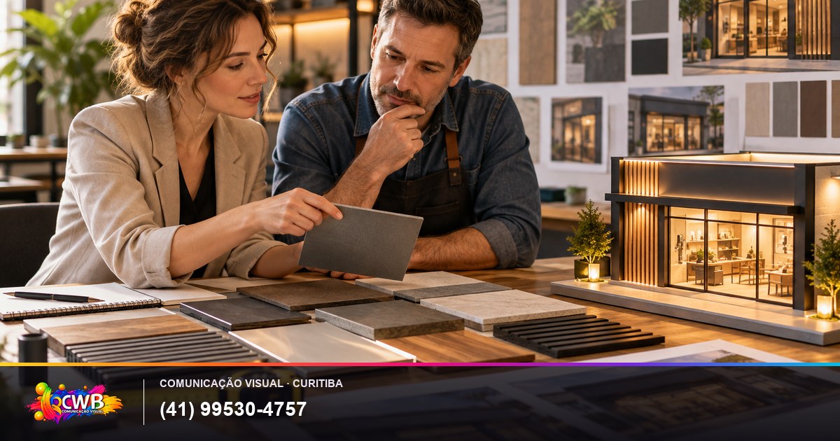 Casal analisando materiais e projeto de fachada comercial, imagem ilustrativa do guia de preços da CWB