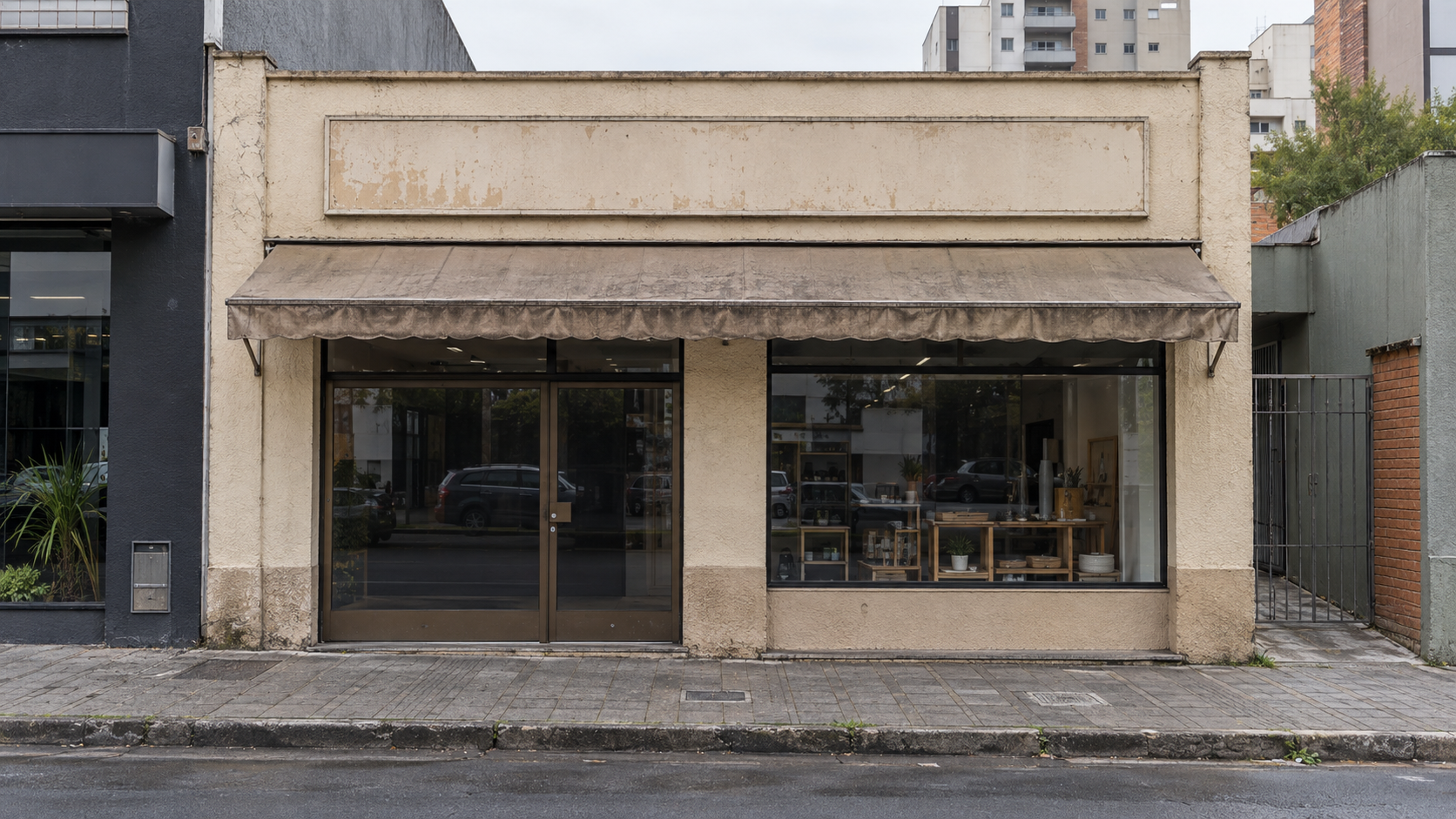 Simulação conceitual: fachada comercial antes da renovação, com pintura desgastada e letreiro apagado