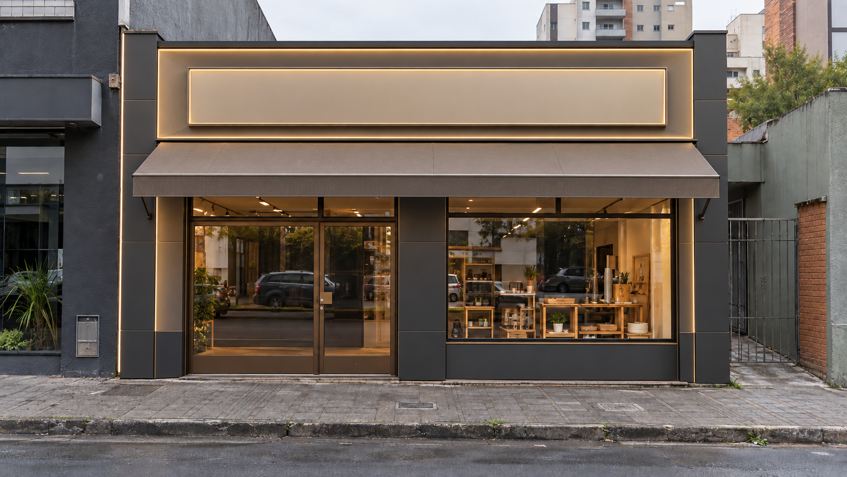 Simulação conceitual de fachada comercial repaginada com ACM e iluminação LED; não é um projeto real da CWB