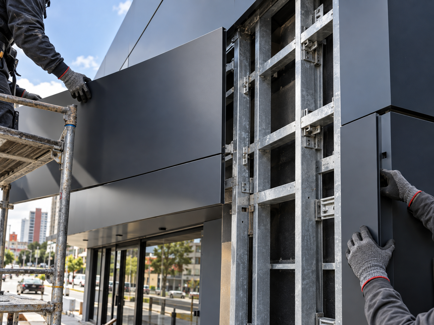 Visualização conceitual de técnico instalando painéis de ACM sobre estrutura metálica alinhada em uma fachada comercial